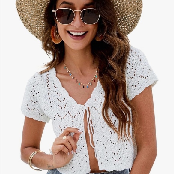 Tops - White Crochet Tie-Front Top